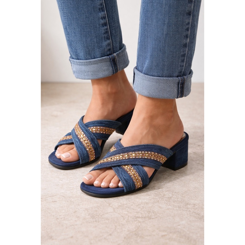 Ann‎ Marino Denim Rhinestone Mule Sandals Womens 7.5 Slip On Y2K Chic